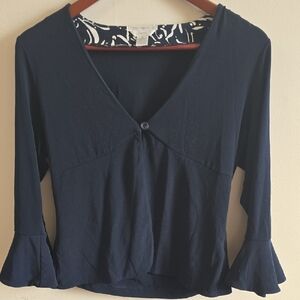 Petite Sophisticate Dark Blue Blouse with Button Detail